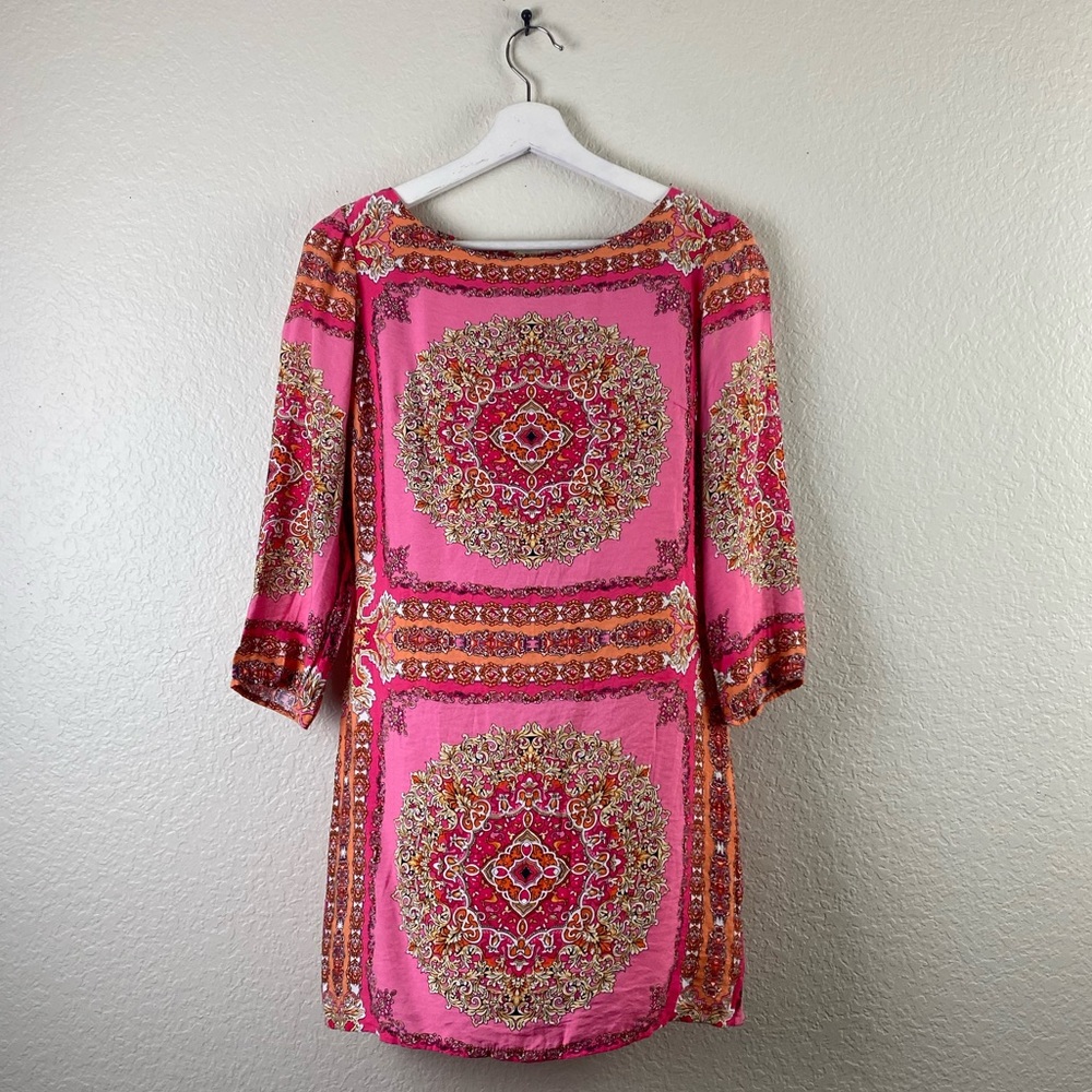 LAUNDRY by Shelly Segal hot pink/orange pattern silk mini dress / tunic size 6.